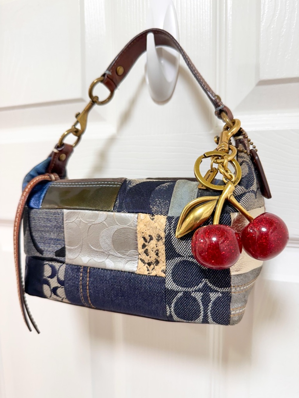 Coach Denim Patchwork Demi Bag Blue Multi Leather Trim Baguette Vintage Y2K - Picture 3 of 14